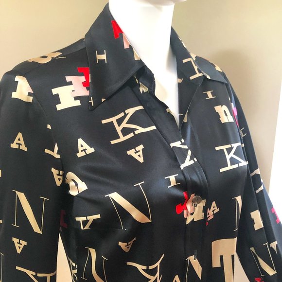 Trina Turk Tops - TRINA TURK SATIN-Y BLACK BLOUSE W TRINA TURK LETTERS ON IT,  FRENCH CUFFS SZ  M